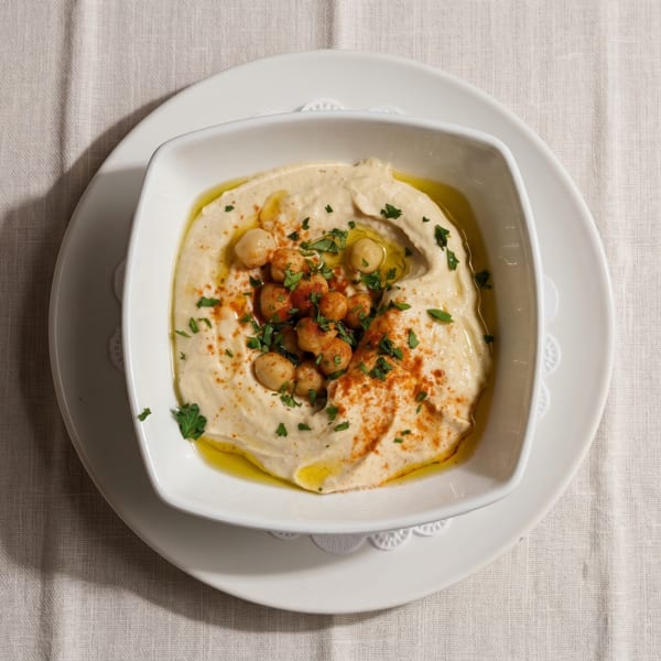 A white bowl of hummus, topped with chickpeas, paprika, and parsley, on a white tablecloth.