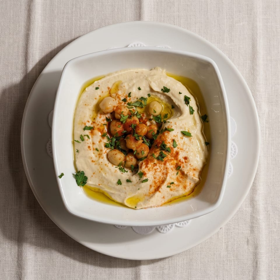 A white bowl of hummus, topped with chickpeas, paprika, and parsley, on a white tablecloth.