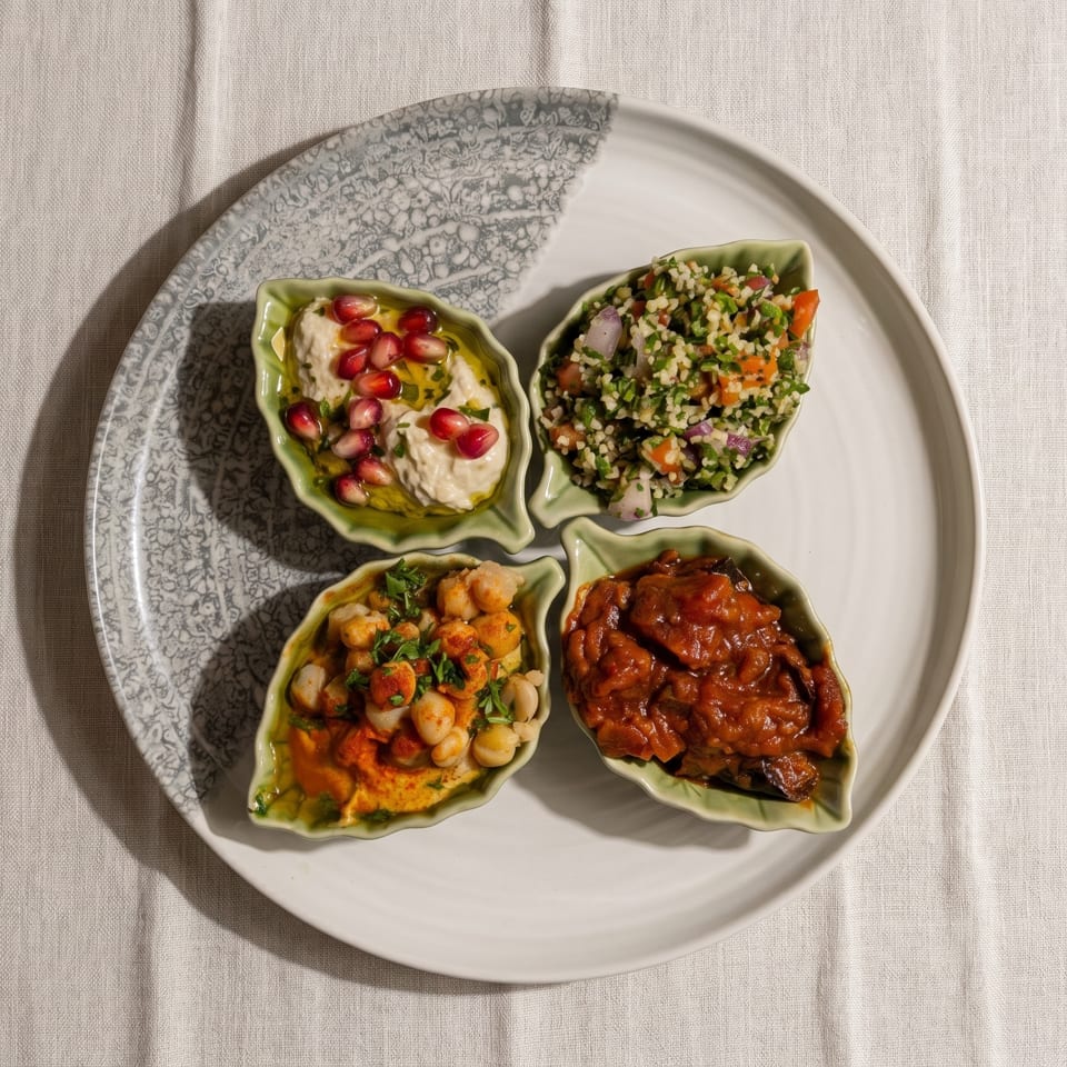 Four leaf-shaped dishes of hummus, tabbouleh, chickpeas, and stewed vegetables on a white plate.