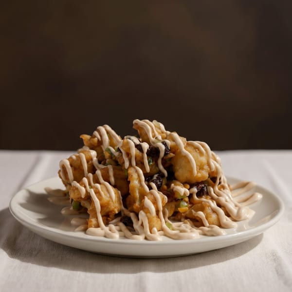 Fried fritters with dark raisins and a creamy drizzle, on a white plate and tablecloth.
