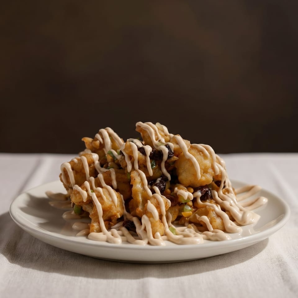 Fried fritters with dark raisins and a creamy drizzle, on a white plate and tablecloth.