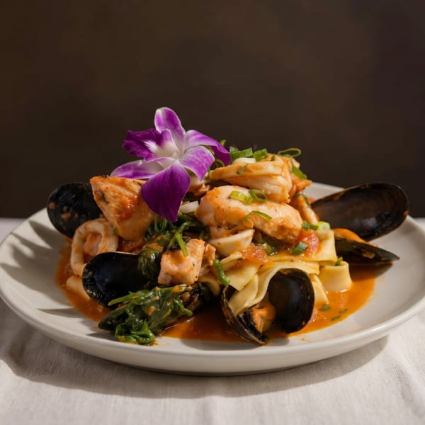 Seafood pasta with mussels, shrimp, and fish, garnished with a purple orchid, on a white plate.