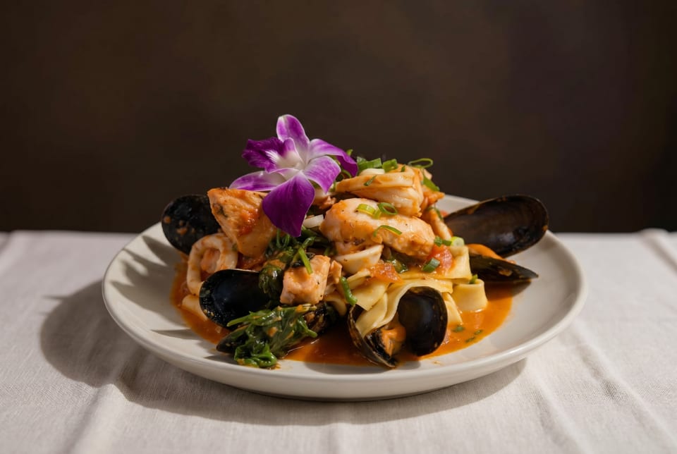 Seafood pasta with mussels, shrimp, and fish, garnished with a purple orchid, on a white plate.