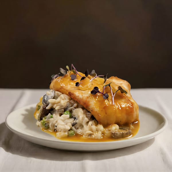Pan-seared fish with an orange glaze, served atop creamy risotto with peas and mushrooms.