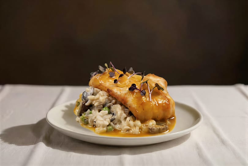 Pan-seared fish with an orange glaze, served atop creamy risotto with peas and mushrooms.