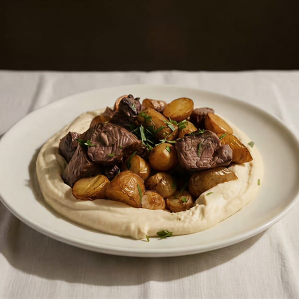 A white plate holds roasted potatoes and meat on a bed of hummus, garnished with herbs.