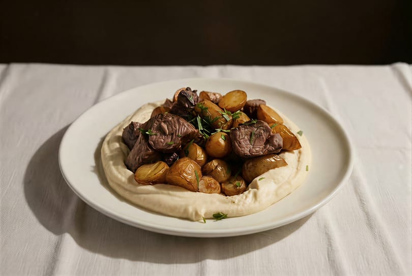 A white plate holds roasted potatoes and meat on a bed of hummus, garnished with herbs.