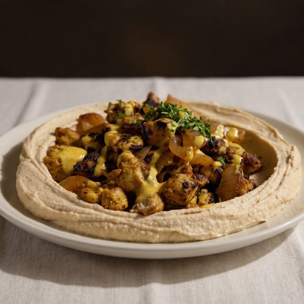 Hummus plate with roasted cauliflower, onions, and a creamy yellow sauce, garnished with parsley.
