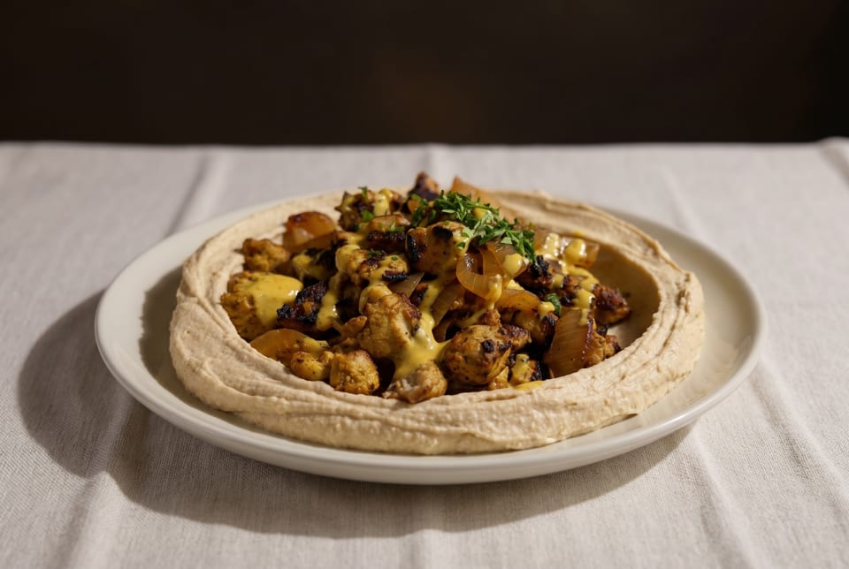 Hummus plate with roasted cauliflower, onions, and a creamy yellow sauce, garnished with parsley.