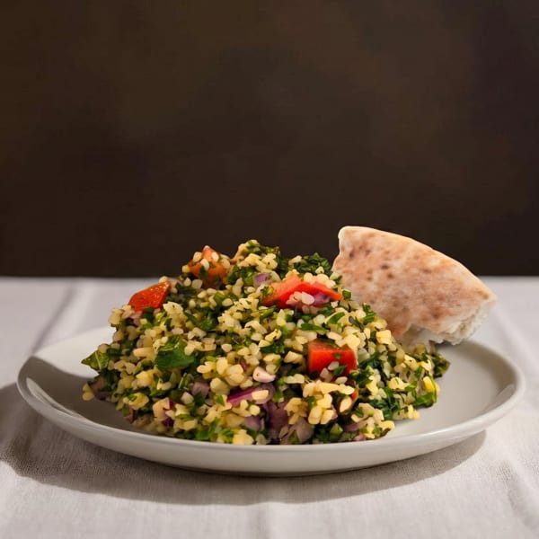 Tabbouleh salad with bulgur, parsley, tomatoes, and onions, served with pita bread.